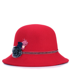 女士秋冬季毛呢帽子红色时尚优雅毛球花朵盆帽百搭韩版潮英伦礼帽