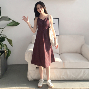 夏季女装新款气质复古格子中长裙子学生单排扣吊带V领打底连衣裙连身裙