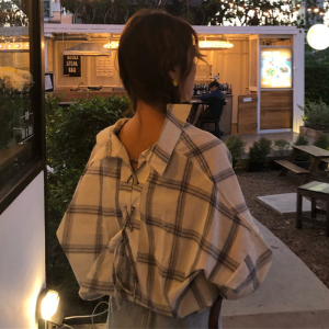 春夏女装韩版宽松个性后背小心机系带格子衬衫长袖打底衫衬衣上衣女式衬衫