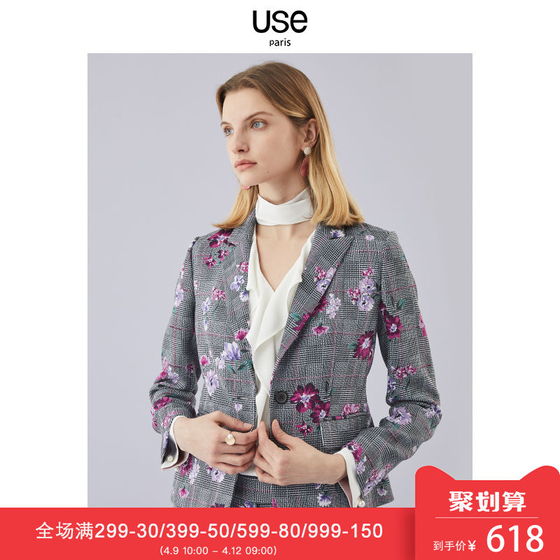 日本进口格纹西装女USE2019春新款印花灰色复古chici收腰西服外套