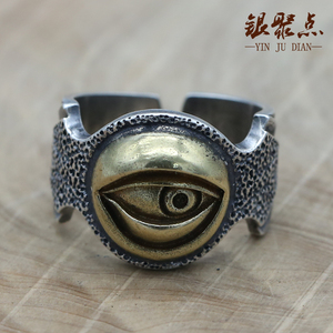 新品s925纯银镶铜复古上帝恶魔之眼戒指泰银男款开口指环护身符戒