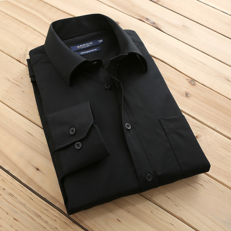 专柜正品ARROW美国箭牌商务男士衬衫 厚款纯黑色纯棉免烫长袖衬衣
