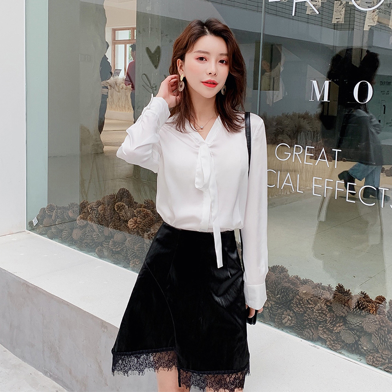 艾夫斯白色衬衫女长袖韩版V领飘带宽松设计感2019新款很仙的衬衣