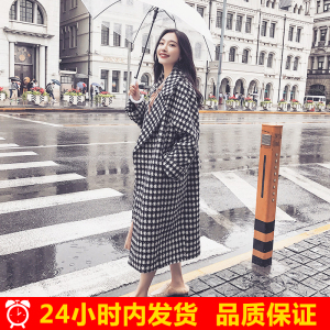 冬装新款黑白长款千鸟格大衣宽松茧型过膝加厚复古格子毛呢外套女毛呢大衣