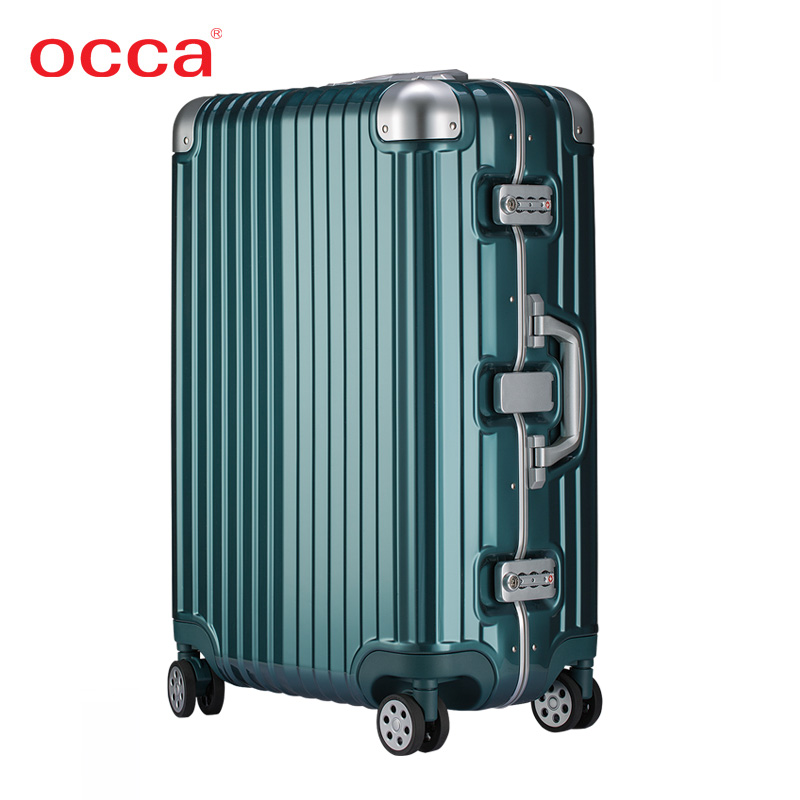OCCA新款灰绿色纯PC拉杆箱万向轮男女行李箱镁铝合金包角旅行箱