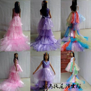 儿童成人亲子公主拖尾婚纱裙手工环保塑料袋幼儿园时装走秀演出服