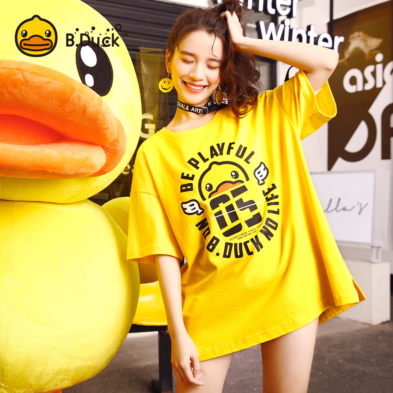 B.Duck小黄鸭女装2019夏装新款黄色宽松短袖T恤女中长款下衣失踪