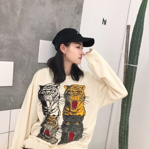 YANS STUDIO定制17早秋新款四只美人豹子长袖宽松套头卫衣老虎头杨桃
