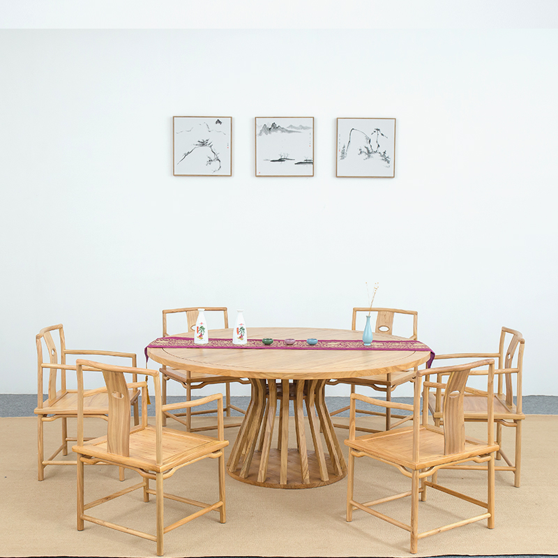 知木老榆木餐桌椅组合黑胡桃实木圆桌家用饭桌现代简约免漆餐桌椅