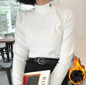 半高领字母刺绣加厚加绒纯色T恤百搭修身chic长袖女上衣冬打底衫女士T恤