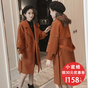 毛呢外套女中长款韩版2017新款秋冬季韩国加厚小蜜蜂刺绣呢子大衣毛呢大衣