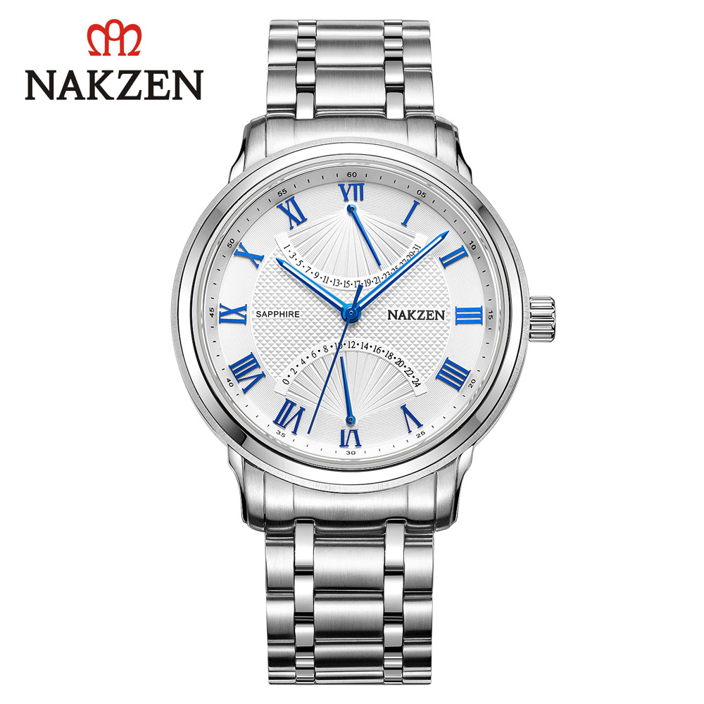 2019年新款NAKZEN手表时尚男士日历防水石英不锈钢带腕表个性