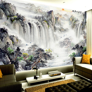新中式山水国画富春山居图电视背景墙纸定制无缝壁画沙发客厅壁纸