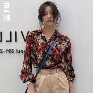 class=h>衬衫/span>女长袖秋天上衣港味猫咪印花chic碎花复古港风