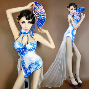 舞依芭酒吧ds演出服装复古中国风青花瓷旗袍性感dj女歌手影楼写真中国风演出服