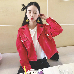 学院风短款上衣潮 韩版红色夹克宽松短外套女