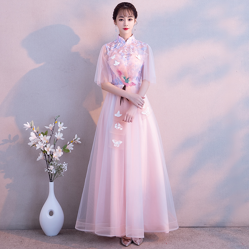 伴娘礼服女2018新款中式粉色长款名媛气质中国风宴会晚礼服连衣裙