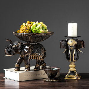 灵森家居 东南亚风格泰国大象摆件 客厅酒柜创意果盘烛台装饰品