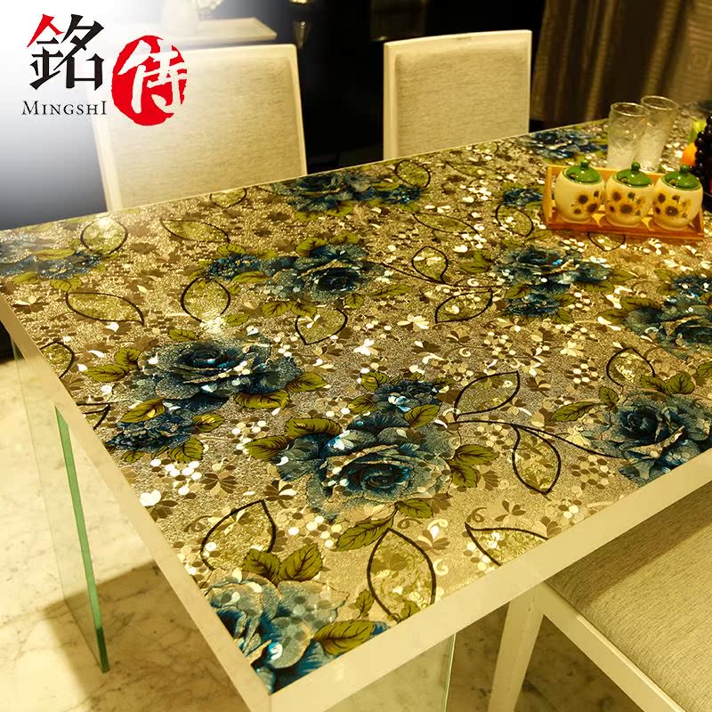 2019铭侍pvc彩色印花软玻璃磨砂水晶板防水印塑料餐桌布价格优惠