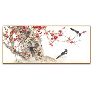 手绘油画新中式花鸟喜上眉梢喜鹊梅花客厅餐厅装饰画挂画壁画横幅