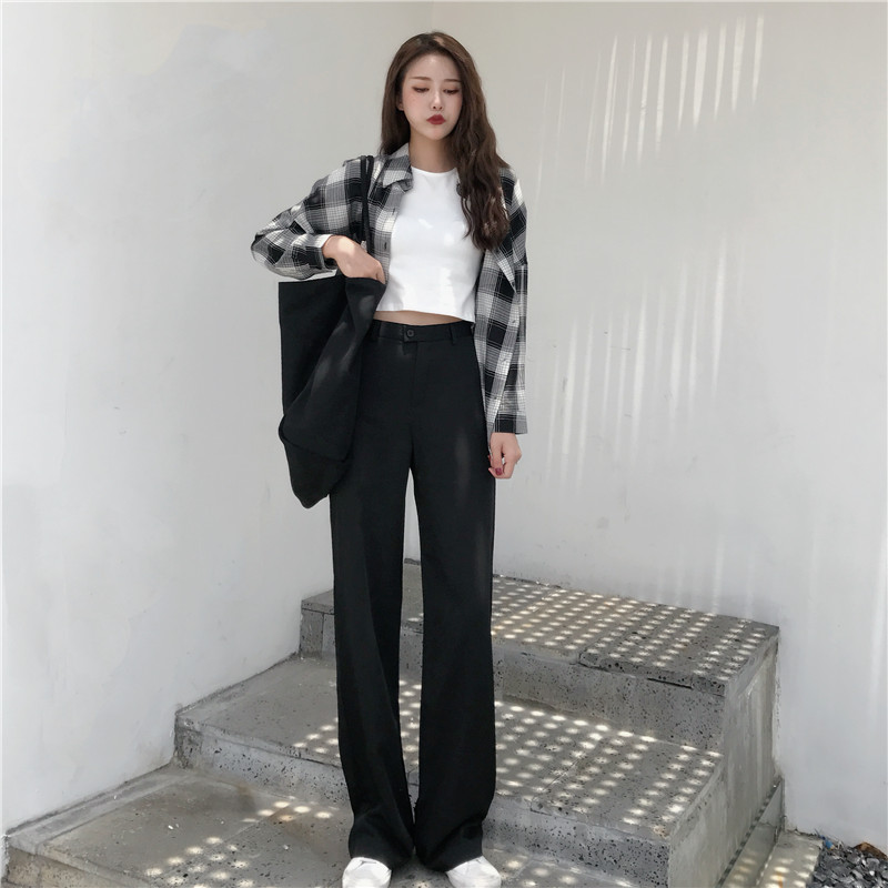 夏2018新款韩版精神女装套装宽松格子衬衫+高腰阔腿裤时尚两件套