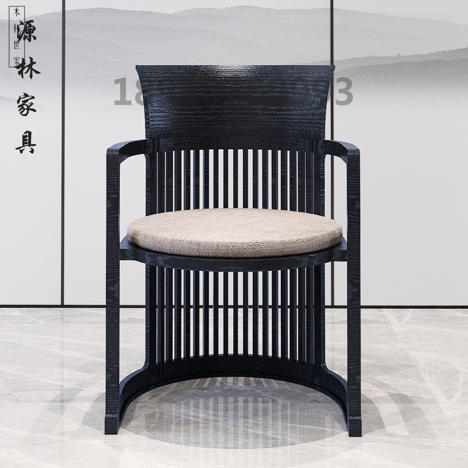 源林家具新中式样板房休闲扶手椅水曲柳实木布艺沙发椅设计师椅子