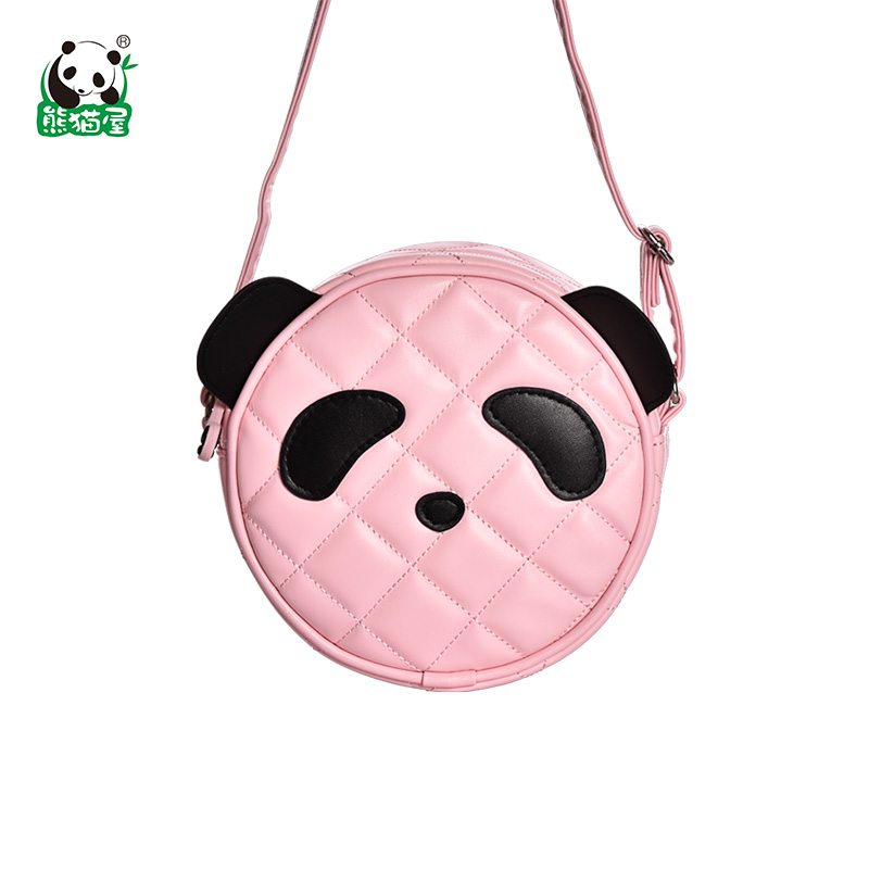 熊猫屋粉色公主斜挎包PU圆形熊猫头小包可爱旅行单肩包儿童中大童