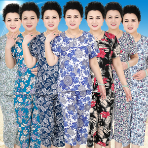 中老年套装女夏人造棉妈妈装短袖睡衣老人衣服两件套奶奶装全棉绸中年女装