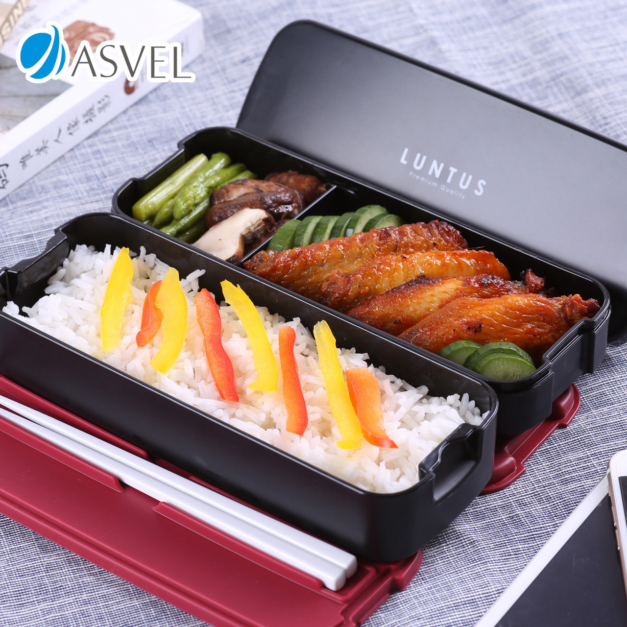 日本asvel饭盒 双层日式可微波炉加热塑料小学生带午餐寿司便当盒