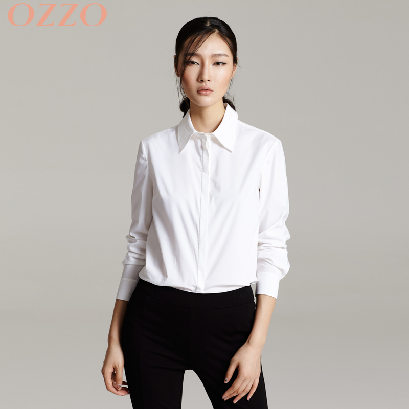 OZZO/欧尼迩秋季 绣花白衬衫女长袖 纯色复古长袖宽松衬衣