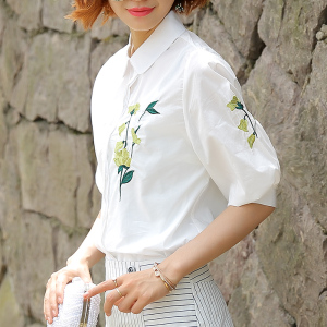白色衬衫女韩范2017夏季新款宽松条纹女装上衣休闲职业五分袖衬衣