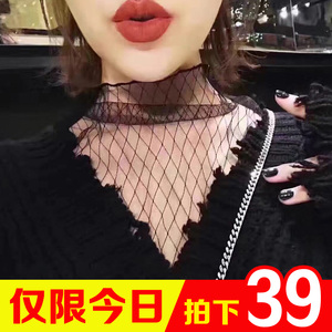 春季新品网纱打底衫女长袖T桖韩版性感透视上衣蕾丝高领套头内搭T恤