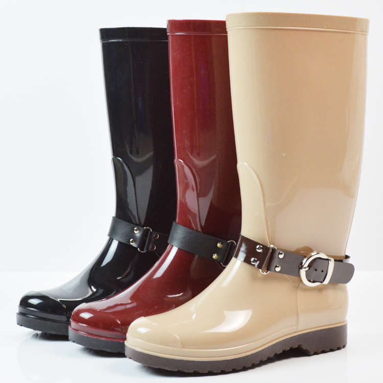 PRUNEL品牌 时尚女高筒雨鞋 金属扣带保暖水胶鞋防滑耐磨马丁雨靴