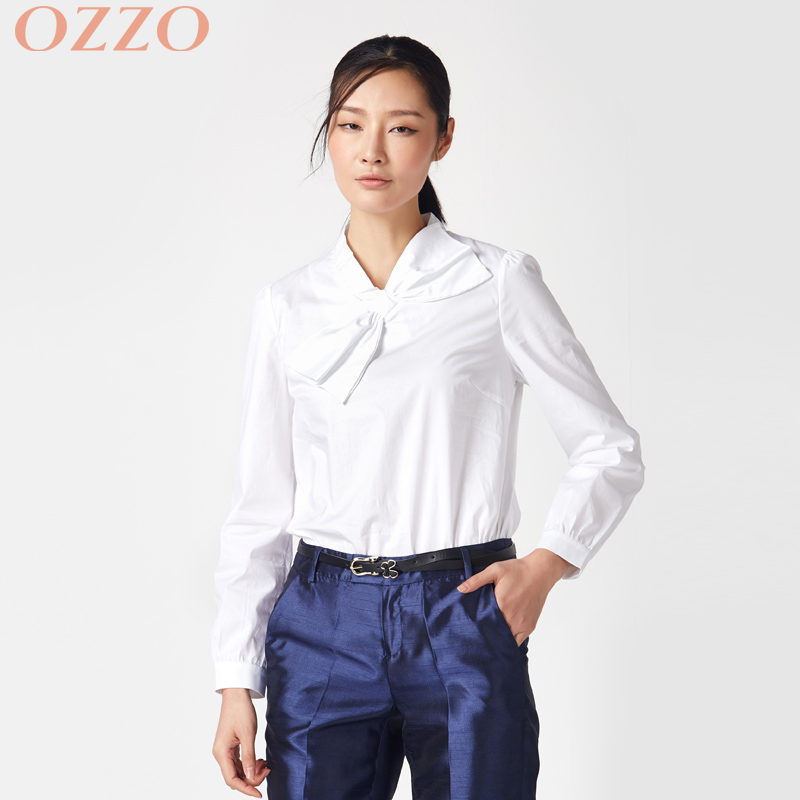 OZZO/欧尼迩不规则蝴蝶领长袖衬衣 长袖衬衫女纯色 套头休闲上衣
