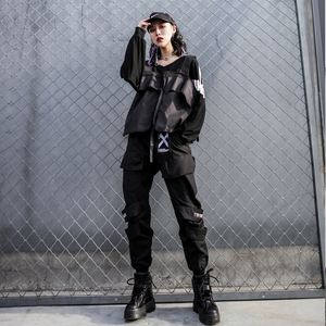 黑色工装裤女嘻哈裤直筒hiphop原宿风裤子bf潮帅气酷女孩收脚裤冬