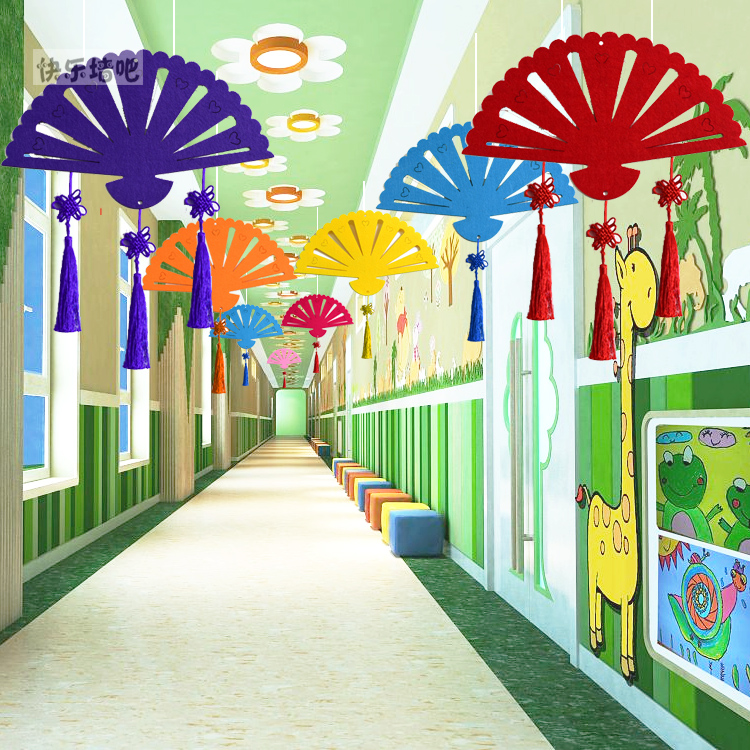 无纺布双面扇形吊饰 幼儿园学校走廊商场空中彩色挂饰 美化装饰品