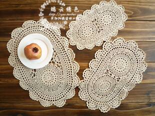 染赤色21-3纯棉手工钩针钩花椭圆形盘垫杯垫花瓶垫刺绣布艺餐垫