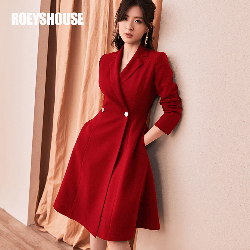 罗衣原创外套连衣裙女2019春装新品知性修身红色中长西装外套6187