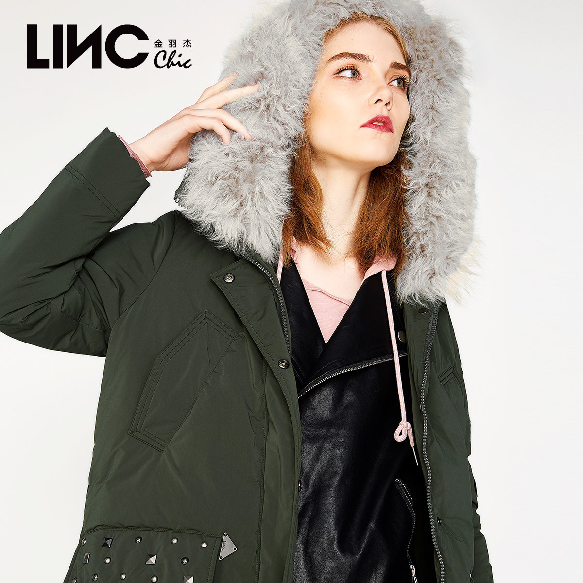 金羽杰LINC正品羽绒服中款冬季新款女贴布个性印花羊毛领7470816