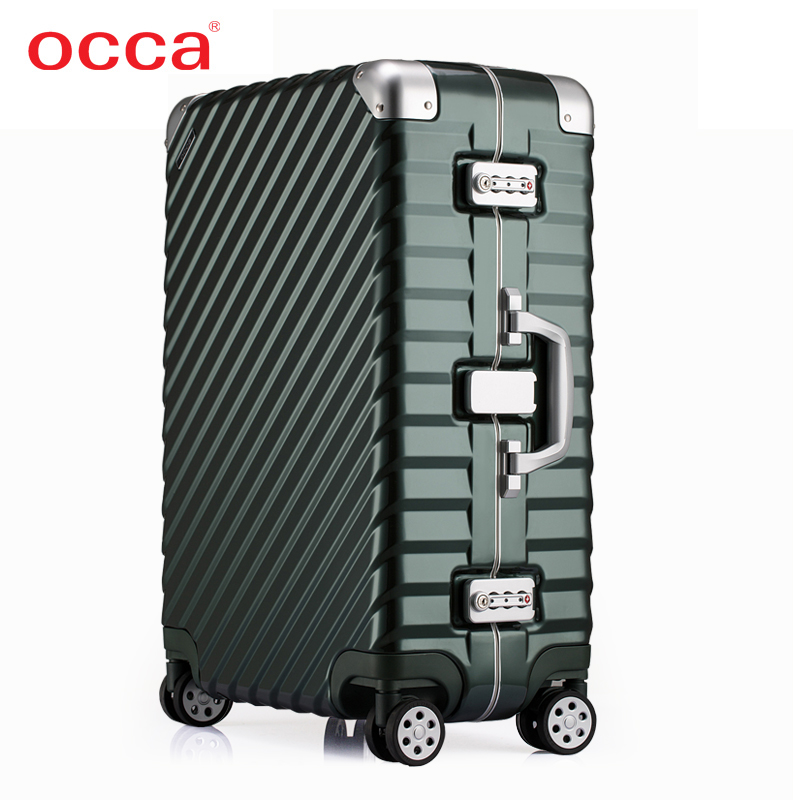 OCCA无边铝框纯pc拉杆箱静音万向轮男旅行箱斜纹简约时尚行李箱女