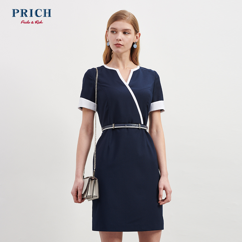 PRICH女装 2018时尚新款淑女风中长款短袖束腰连衣裙 PROW82404C