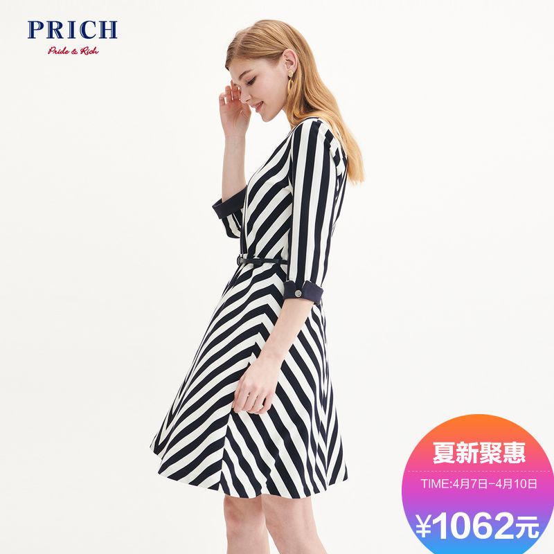 PRICH女装2019新款时尚条纹拼接风个性设计连衣裙PROM92302M
