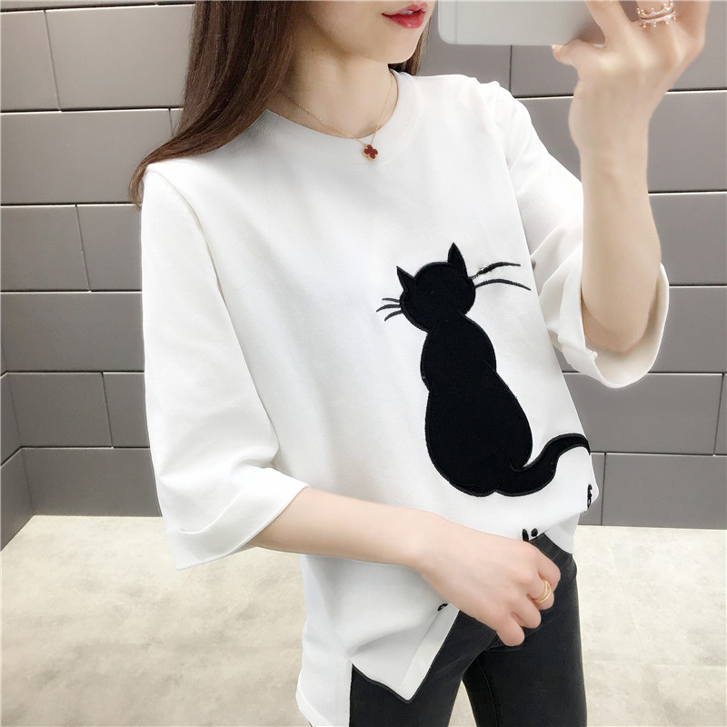 韩版2019春夏季新品冰丝小猫图案七分袖网红薄款针织衫T恤显瘦女