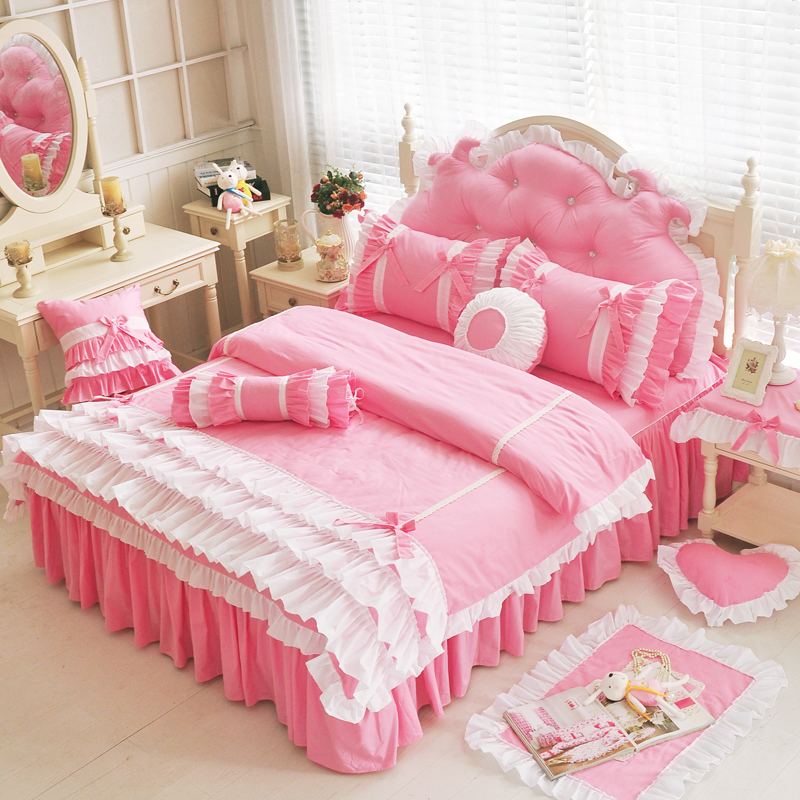 粉色少女床上四件套床裙款全棉纯棉公主风甜美荷叶边1.8m米淑女屋