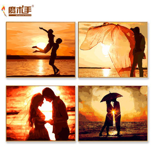 魔术手diy数字油画风景七夕人物夕阳下情侣填色手绘油彩画装饰画