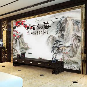 新中式海纳百川水墨山水国画壁纸中国风客厅沙发电视背景墙纸壁画 $