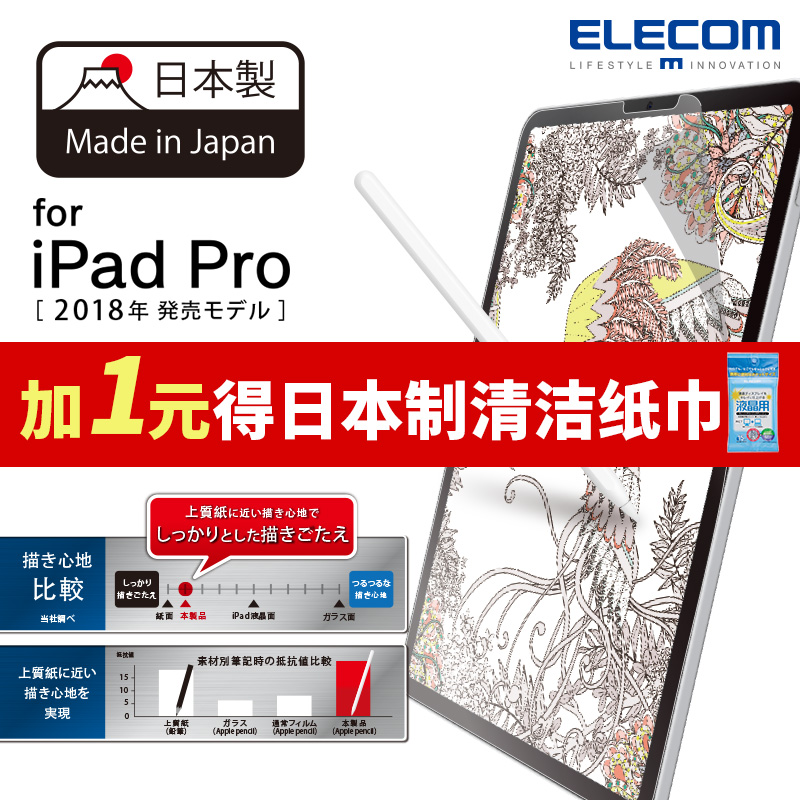 ELECOM9.7类纸膜10.5新ipad air纸感绘画膜12.9英寸iPad Pro贴膜