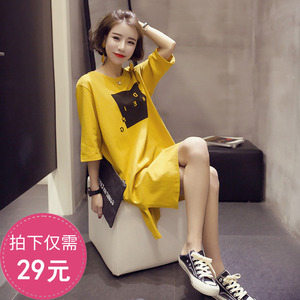 衣服女春夏装2017新款潮韩版半袖t恤女宽松中长款短袖开叉连衣裙