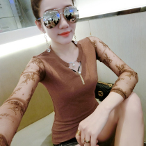 2018春装新款薄款长袖T恤女洋气时尚性感蕾丝打底小衫透视上衣潮