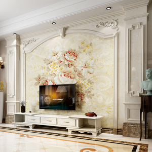 欧式客厅大理石材罗马柱电视影视墙瓷砖背景墙实木护墙板边框造型